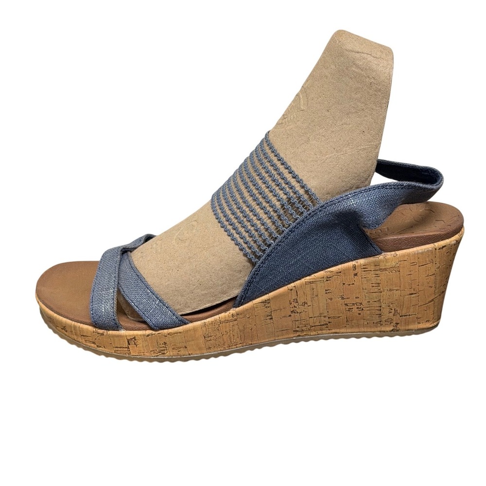 Skechers Cali Rumblers Wedge Sandals Womens 8 Blue Denim Metallic Strappy Cork